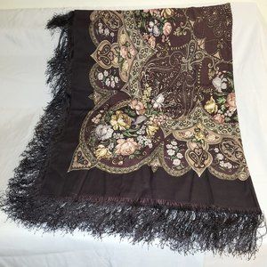 Wool Square Wrap Scarf Shawl with Fringe Brown